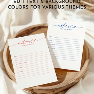 May include: Two printable cards with the text "advice for the mommy" and lines for writing advice. The cards have blue and red lines.