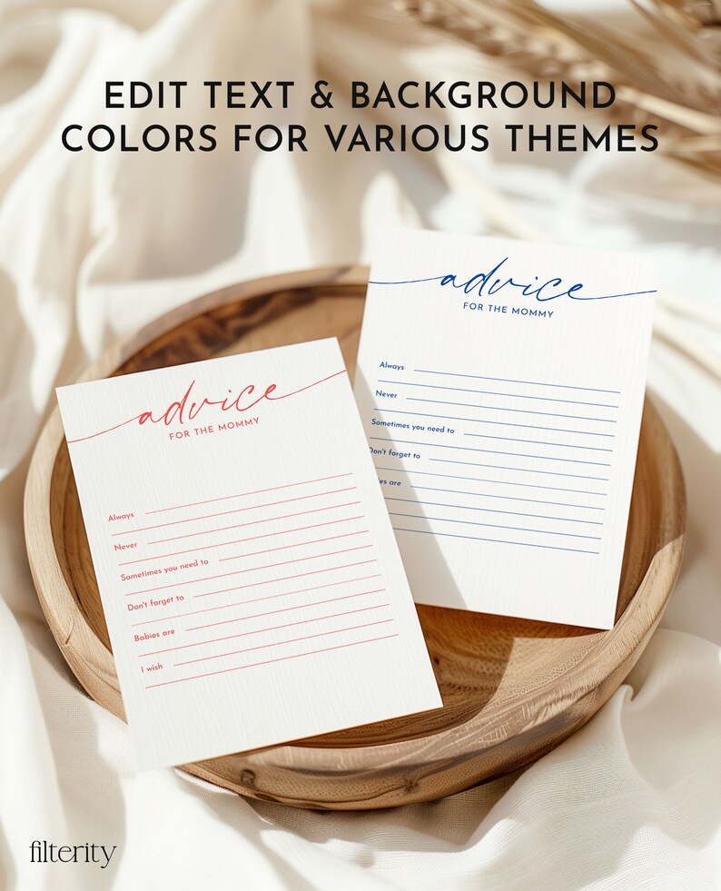 May include: Two printable cards with the text "advice for the mommy" and lines for writing advice. The cards have blue and red lines.