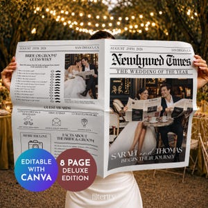 May include: A wedding newspaper template titled Newlywed Times, featuring a Bride or Groom guess who game, guest awards, and facts about the couple. The layout includes photos of a couple, editable text sections, and a badge stating Editable with Canva and 8 Page Deluxe Edition.
