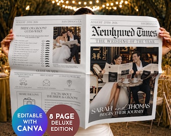 Wedding Newspaper Template | 8 Pages Included + 5 Bonus Pages (Editable on Canva)