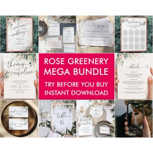 Rose Greenery Wedding Invitation Template Bundle, Boho Printable Wedding Invitations, Editable Wedding Invitation Set, Instant Download Card