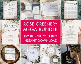 Rose Greenery Wedding Invitation Template Bundle, Boho Printable Wedding Invitations, Editable Wedding Invitation Set, Instant Download Card