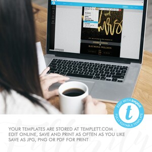 May include: A laptop computer displaying a wedding invitation template on the screen. The invitation is black with gold glitter and the text "Mr. and Mrs." in gold script. The text "You are invited to the wedding of Amanda Johnson and Raymond Willson" is also on the invitation. The invitation is being edited using the Templett website.