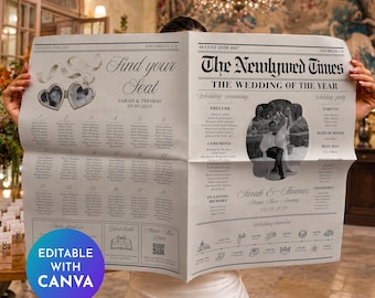 Custom Wedding Newspaper Template with Program,  Newlywed Times (Editable on Canva)