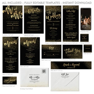 Gold Wedding Invitation Template Bundle, RSVP, Menu (Digital Download) image 2