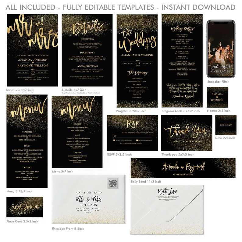 Gold Wedding Invitation Template Bundle, RSVP, Menu (Digital Download) image 2