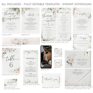 May include: A set of printable wedding stationery templates featuring a watercolor floral design with pink flowers and green leaves. The templates include an invitation, details card, program, reception card, RSVP card, table number, menu, place card, thank you card, and envelope front and back. The templates are fully editable and can be customized to match your wedding theme.