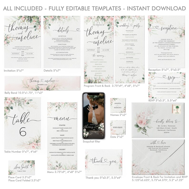 May include: A set of printable wedding stationery templates featuring a watercolor floral design with pink flowers and green leaves. The templates include an invitation, details card, program, reception card, RSVP card, table number, menu, place card, thank you card, and envelope front and back. The templates are fully editable and can be customized to match your wedding theme.
