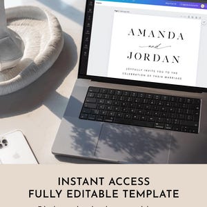 May include: A laptop screen displaying a wedding invitation template with the text "AMANDA and JORDAN JOYFULLY INVITE YOU TO THE CELEBRATION OF THEIR MARRIAGE". The text is in a simple, elegant font. The template is fully editable and can be customized to fit any wedding theme.