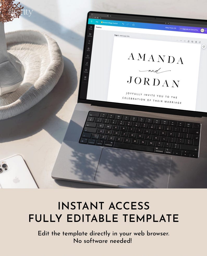 May include: A laptop screen displaying a wedding invitation template with the text "AMANDA and JORDAN JOYFULLY INVITE YOU TO THE CELEBRATION OF THEIR MARRIAGE". The text is in a simple, elegant font. The template is fully editable and can be customized to fit any wedding theme.