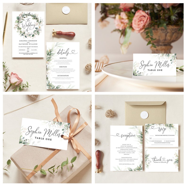 Printable Wedding Invitation Template Bundle, Thank You Card, Wedding Program Template, Wedding Menu, Invitation Set, RSVP Cards and more image 4