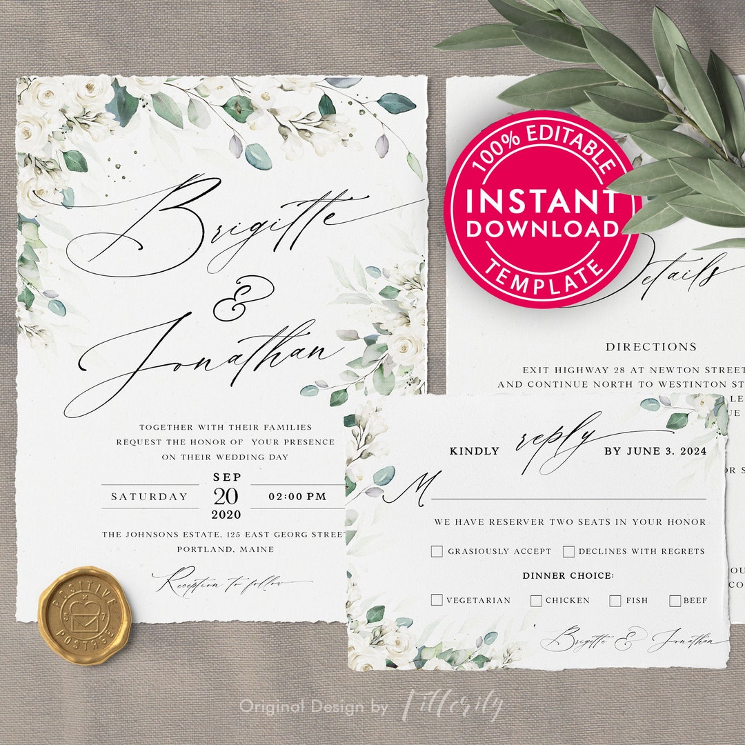 Printable Wedding Invitation Set Template Download, Wedding Invitations ...
