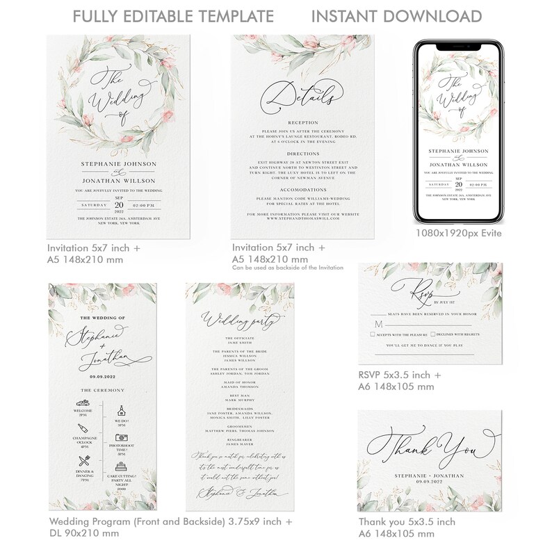 Printable Wedding Invitation Set Template Download Wedding | Etsy