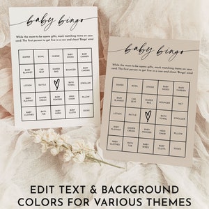 May include: Two printable baby bingo cards with a light brown background and black text. The cards feature a 5x5 grid with various baby-related items such as diapers, onesies, and baby shoes. The text at the top of the cards reads "baby bingo".