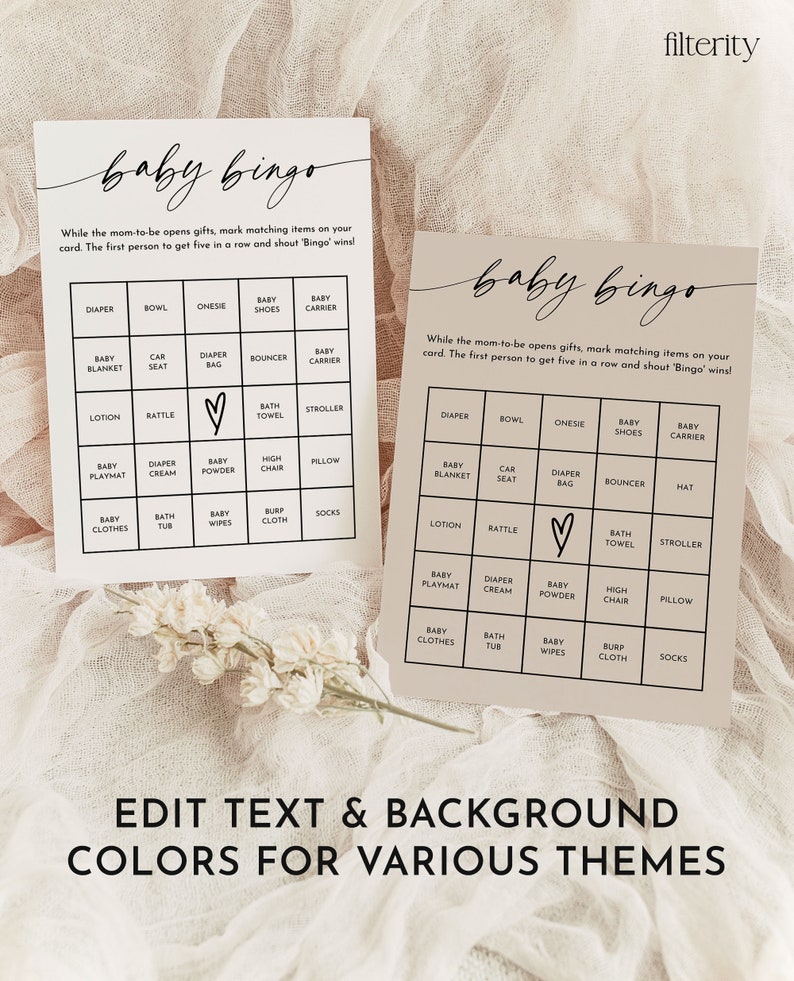 May include: Two printable baby bingo cards with a light brown background and black text. The cards feature a 5x5 grid with various baby-related items such as diapers, onesies, and baby shoes. The text at the top of the cards reads "baby bingo".