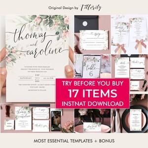 May include: A set of 17 printable wedding stationery templates featuring a watercolor floral design with pink flowers and green leaves. The templates include an invitation, RSVP card, table number card, thank you card, and more.