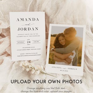 May include: A wedding invitation template with a white background and black text. The invitation features the names Amanda and Jordan, the date June 24, 2027, and the time 6:00 PM. The invitation also includes the location of the wedding, The Johnsons Estate, 123 East Georg Street, Portland, Maine. The invitation is accompanied by a photo of a couple embracing.