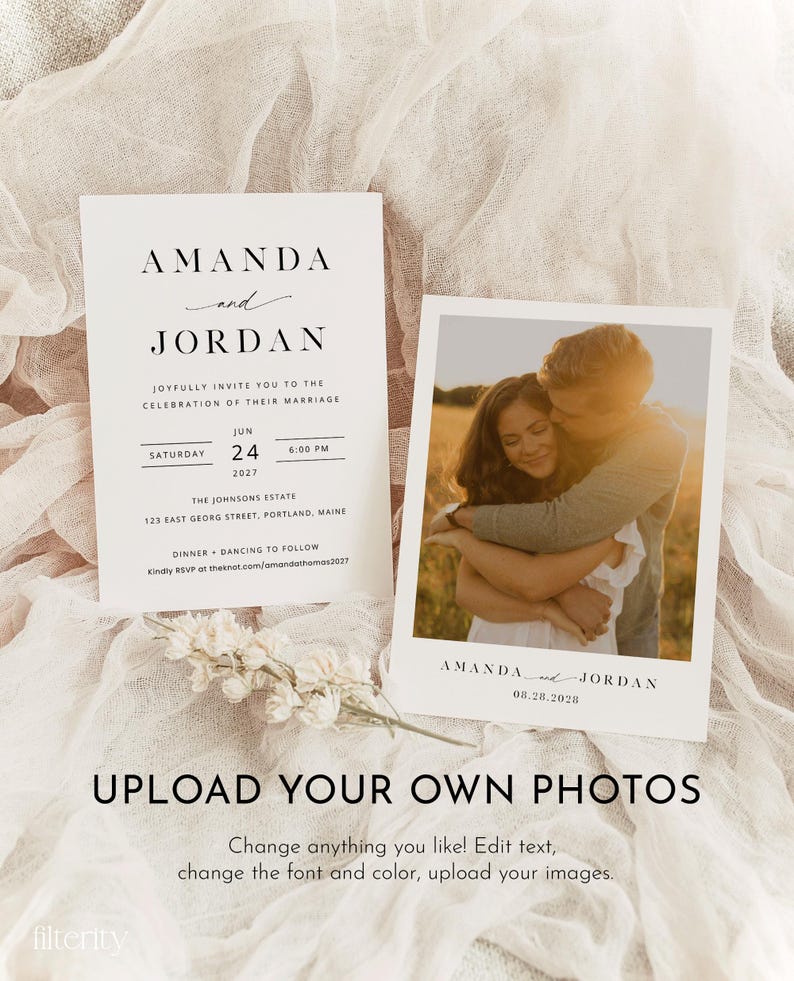 May include: A wedding invitation template with a white background and black text. The invitation features the names Amanda and Jordan, the date June 24, 2027, and the time 6:00 PM. The invitation also includes the location of the wedding, The Johnsons Estate, 123 East Georg Street, Portland, Maine. The invitation is accompanied by a photo of a couple embracing.