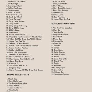 May include: A cream-colored sheet of paper with lists of bachelorette party games, solutions, and editable signs. The games include categories like quizzes, bingo, and dares. The paper is 5x7 inches, 8.5x11 inches, and 5x3.5 inches.
