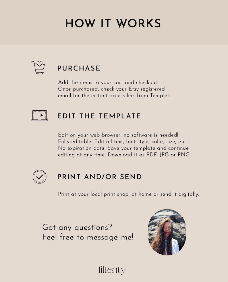 May include: How it works: A graphic with three steps for purchasing, editing, and printing a digital template. The steps are illustrated with icons: a shopping cart, a laptop, and a checkmark. The text "Got any questions? Feel free to message me!" is displayed below the steps, along with the word "filterity".