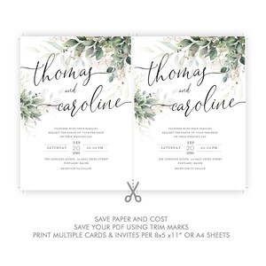 May include: Wedding invitation featuring the names "Thomas and Caroline" in elegant script, with floral and greenery accents. The invitation includes event details: date, time, and location. The text "Save paper and cost" is also included.