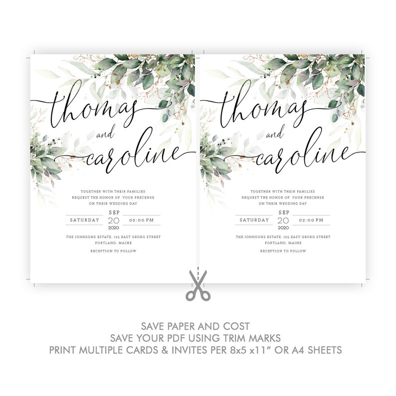 May include: Wedding invitation featuring the names "Thomas and Caroline" in elegant script, with floral and greenery accents. The invitation includes event details: date, time, and location. The text "Save paper and cost" is also included.
