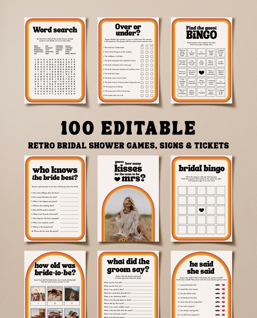 Retro Bridal Shower Games Instant Download, Printable Bridal Shower Games, Bachelorette Party