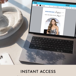 May include: A laptop displays a bridal shower game template. The text on the screen reads "GUESS HOW MANY KISSES FOR THE SOON-TO-BE MRS." Below the screen is the text "INSTANT ACCESS". A white phone and decorative tray are also visible.