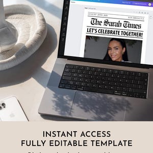K&ouml;nnte beinhalten: Ein Laptop-Bildschirm zeigt eine Zeitungsvorlage mit der &Uuml;berschrift "The Sarah Times" und dem Text "Let's Celebrate Together!" Die Vorlage ist editierbar und kann verwendet werden, um eine personalisierte Zeitung zu erstellen.