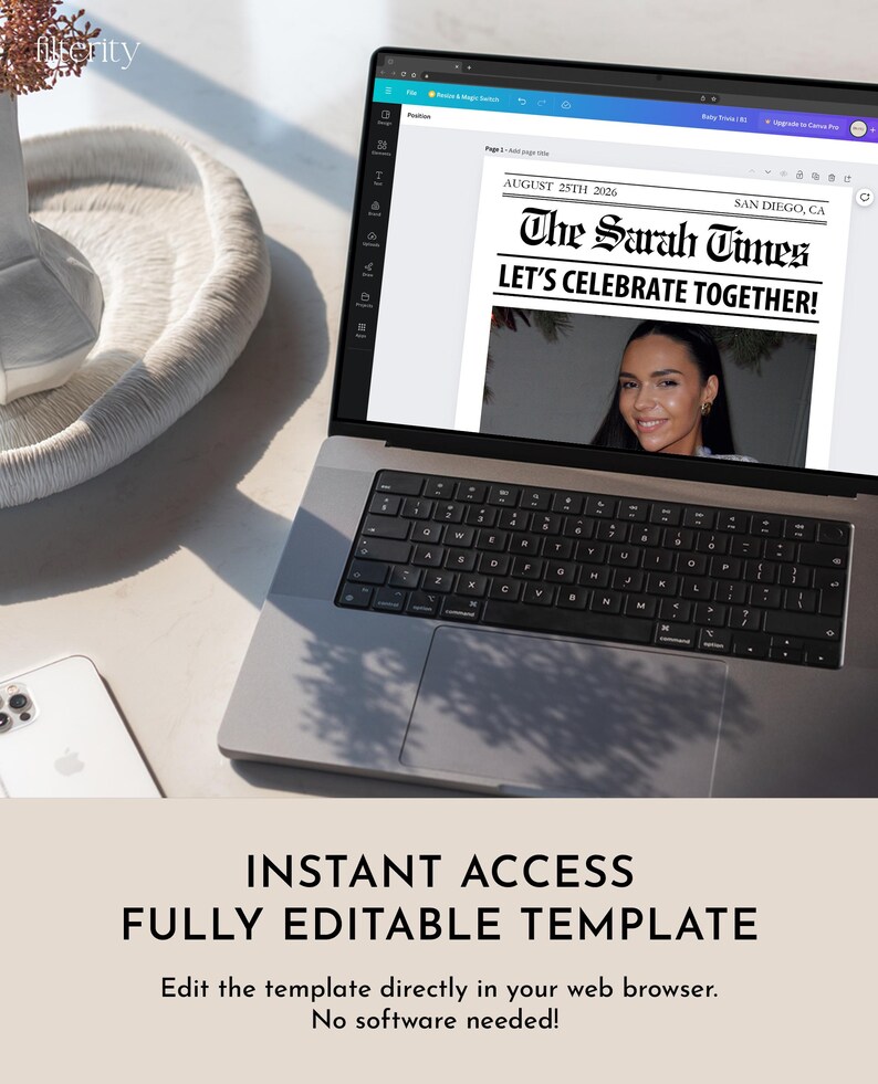 K&ouml;nnte beinhalten: Ein Laptop-Bildschirm zeigt eine Zeitungsvorlage mit der &Uuml;berschrift "The Sarah Times" und dem Text "Let's Celebrate Together!" Die Vorlage ist editierbar und kann verwendet werden, um eine personalisierte Zeitung zu erstellen.