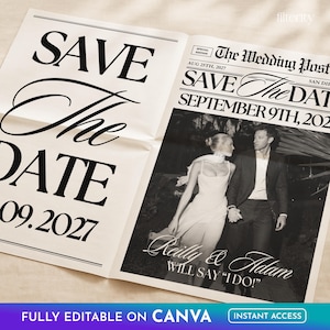 Save The Date Newspaper Template Canva, Wedding Save The Date, Announcement Photoshoot Newspaper, The Wedding Post News Paper Template image 2