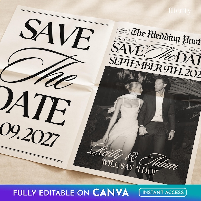 Save The Date Newspaper Template Canva, Wedding Save The Date, Announcement Photoshoot Newspaper, The Wedding Post News Paper Template image 2