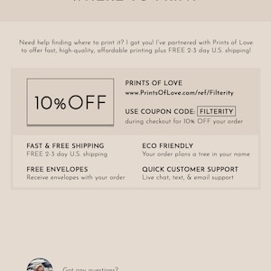 May include: A graphic with the text "WHERE TO PRINT" and information about printing services from Prints of Love. The graphic includes a 10% off discount code, "FILTERITY", and details about free shipping and envelopes. The graphic also mentions eco-friendly printing and quick customer support.