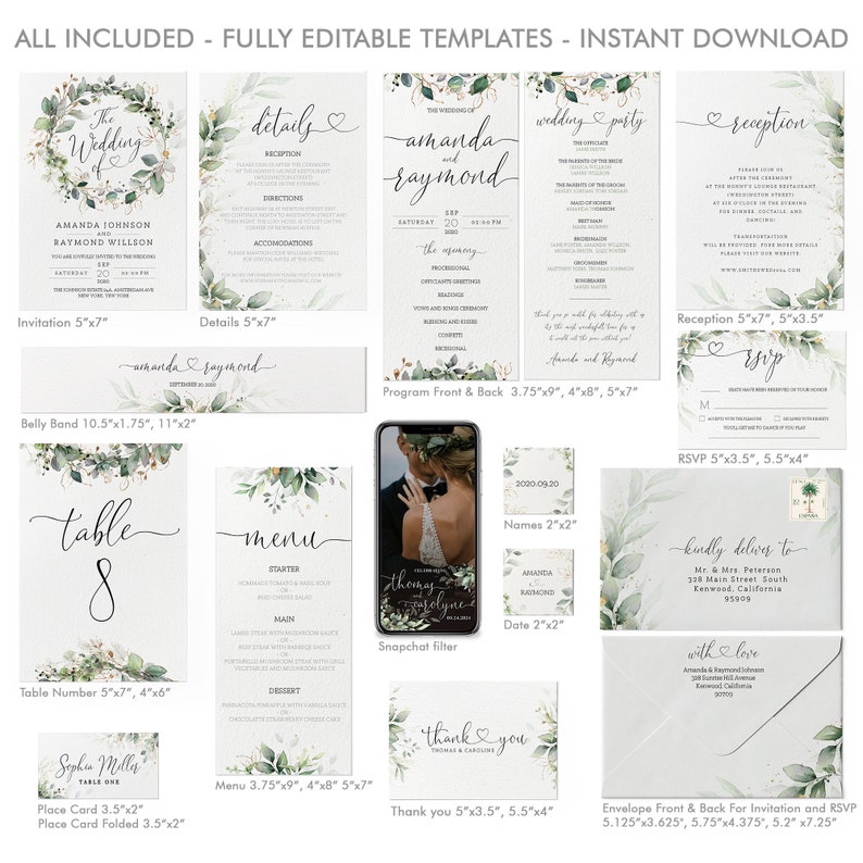 Printable Wedding Invitation Template Bundle, Thank You Card, Wedding Program Template, Wedding Menu, Invitation Set, RSVP Cards and more image 3