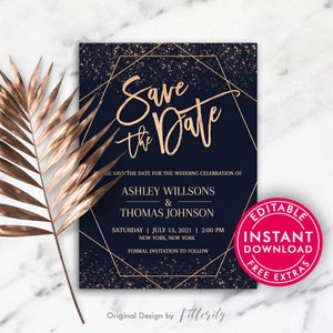 Save the Date Wedding Template, Rose Gold Wedding Invitation Digital Download, Printable Save the Date, Save The Date Instant Download