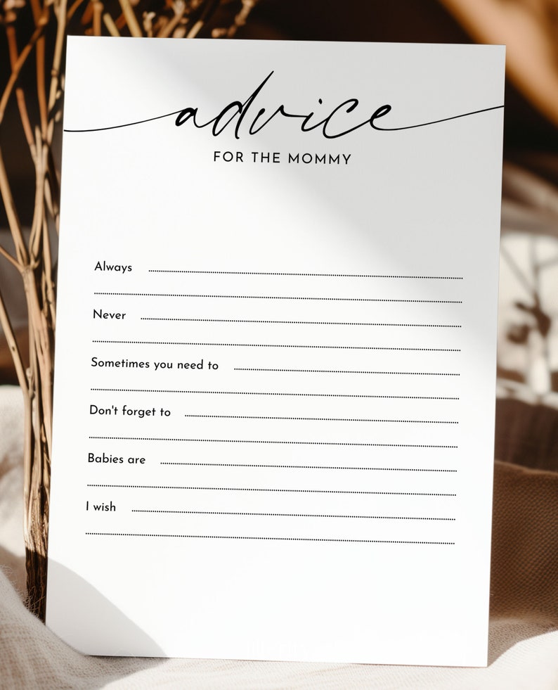 May include: A white card with black text that reads "advice for the mommy". The card has lines for writing advice for a new mom.