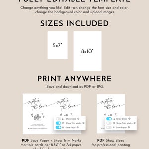 May include: Editable template for a printable photo card with the text "Capture the Love" and a camera icon. The template is available in two sizes: 5x7 inches and 8x10 inches. The template can be saved as a PDF with or without bleed and trim marks.