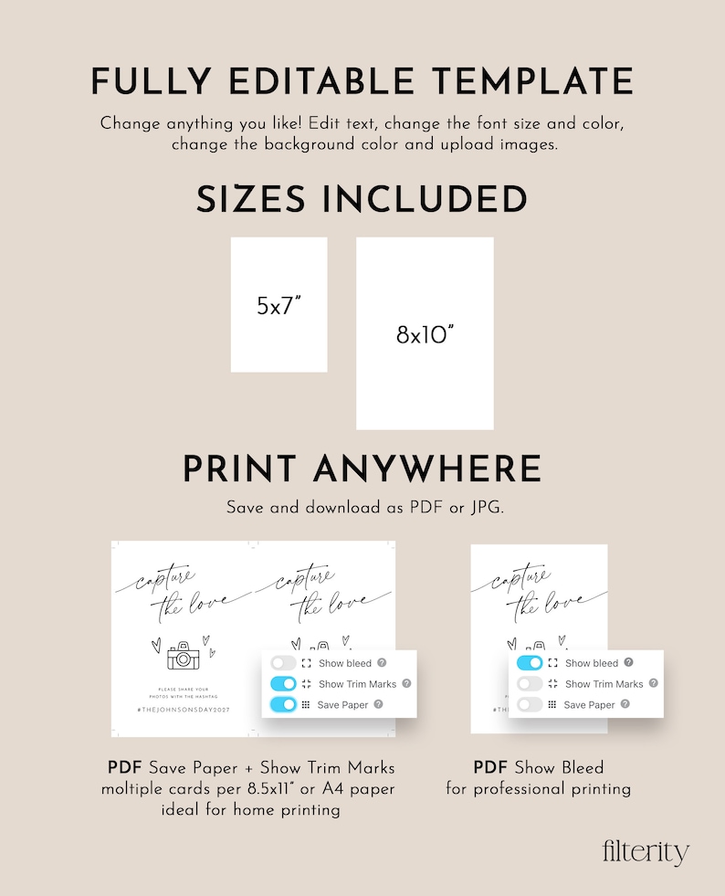 May include: Editable template for a printable photo card with the text "Capture the Love" and a camera icon. The template is available in two sizes: 5x7 inches and 8x10 inches. The template can be saved as a PDF with or without bleed and trim marks.