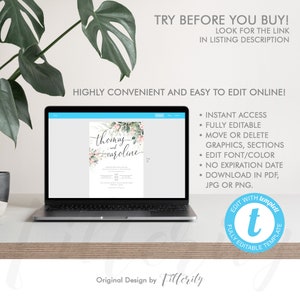 May include: A laptop computer displaying a wedding invitation template with a floral design and the names "thomas and caroline". The text "TRY BEFORE YOU BUY!" is displayed at the top of the image. The text "HIGHLY CONVENIENT AND EASY TO EDIT ONLINE!" is displayed below the laptop. The text "EDIT WITH template" is displayed in a blue circle with a white "t" in the center.