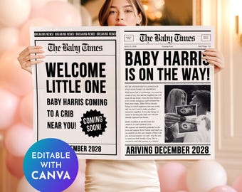 Szablon ogłoszenia o narodzinach dziecka w gazecie, ogłoszenie o ciąży w gazecie, The Baby Times, gazeta o rychłym narodzinach dziecka, spersonalizowana gazeta Canva