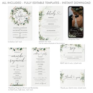 May include: A set of printable wedding invitation templates with a green and gold watercolor floral design. The templates include an invitation, details card, RSVP card, program, and thank you card. The text on the invitation reads "The Wedding of Amanda Johnson and Raymond Willson".