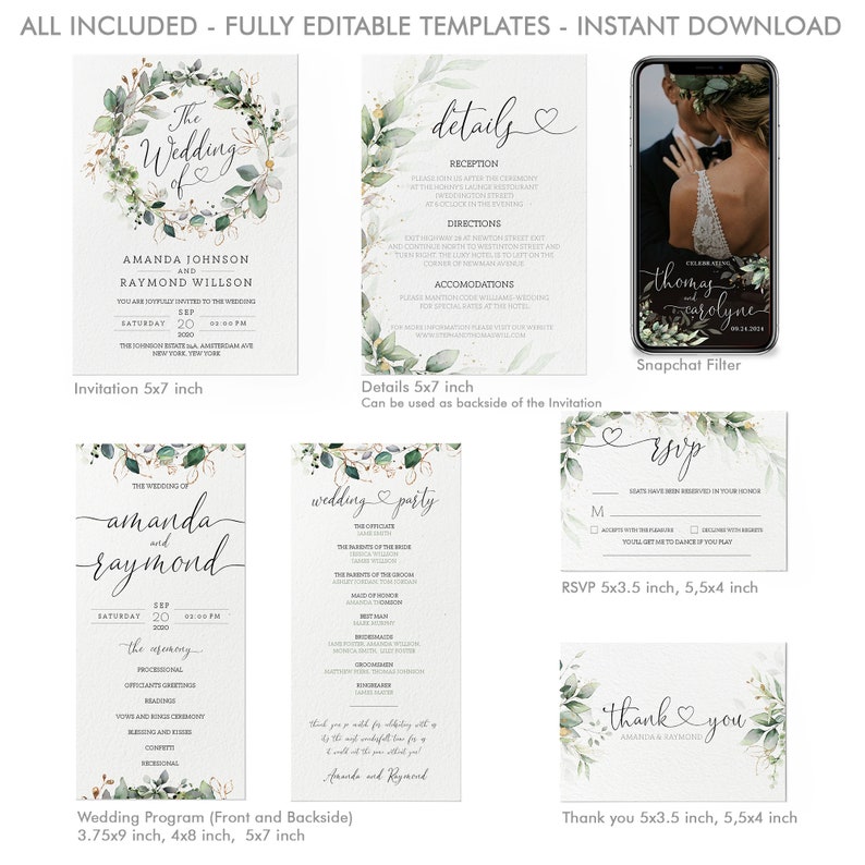 May include: A set of printable wedding invitation templates with a green and gold watercolor floral design. The templates include an invitation, details card, RSVP card, program, and thank you card. The text on the invitation reads "The Wedding of Amanda Johnson and Raymond Willson".