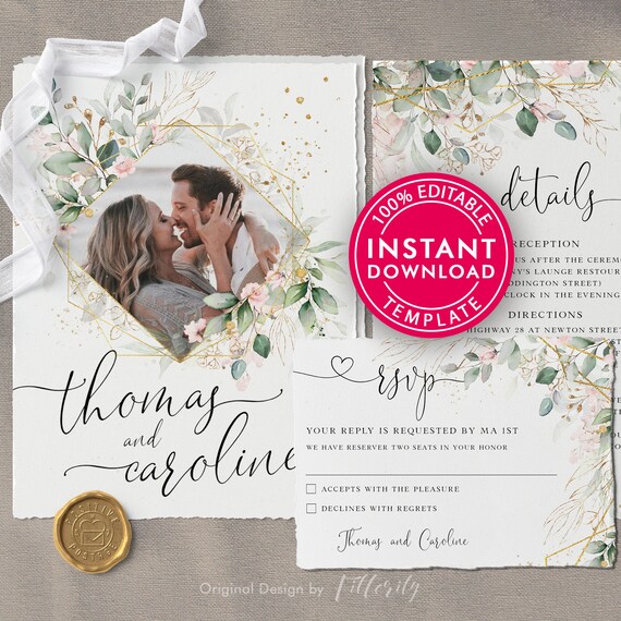 Bohemian Printable Wedding Invitation With Photo Geometric | Etsy