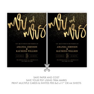 May include: Two black and gold wedding invitation cards with the text "Mr. and Mrs." in gold script. The text "You are invited to the wedding of Amanda Johnson and Raymond Willson" is printed in gold on each card. The date and time of the wedding are printed below the names. The cards are designed to be printed on 8.5 x 11 inch paper and trimmed to create two separate invitations.