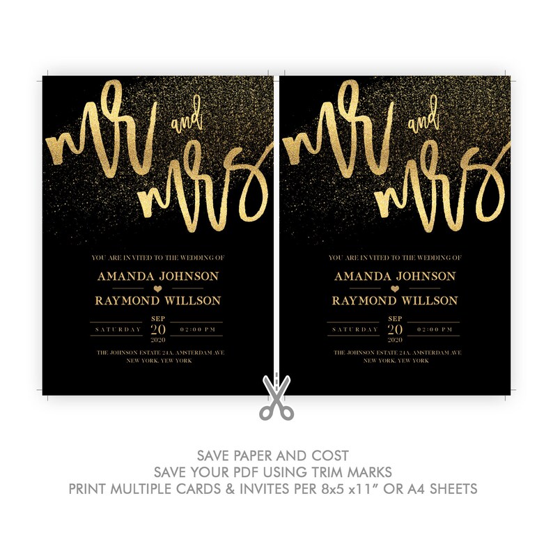 May include: Two black and gold wedding invitation cards with the text "Mr. and Mrs." in gold script. The text "You are invited to the wedding of Amanda Johnson and Raymond Willson" is printed in gold on each card. The date and time of the wedding are printed below the names. The cards are designed to be printed on 8.5 x 11 inch paper and trimmed to create two separate invitations.