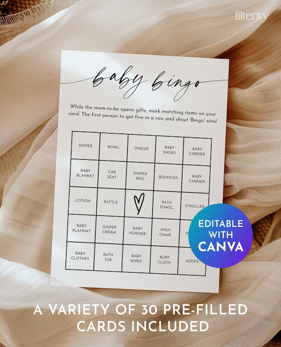 Baby Bingo Game - 30 Prefilled Printable Baby Shower Bingo Cards, Baby Shower Games, Editable Baby Bingo Template Instant Download | BB1
