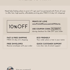 May include: A graphic with the text "WHERE TO PRINT" and information about Prints of Love, a printing service offering fast, high-quality, affordable printing with free 2-3 day shipping. The graphic includes a 10% off coupon code: FILTERITY.