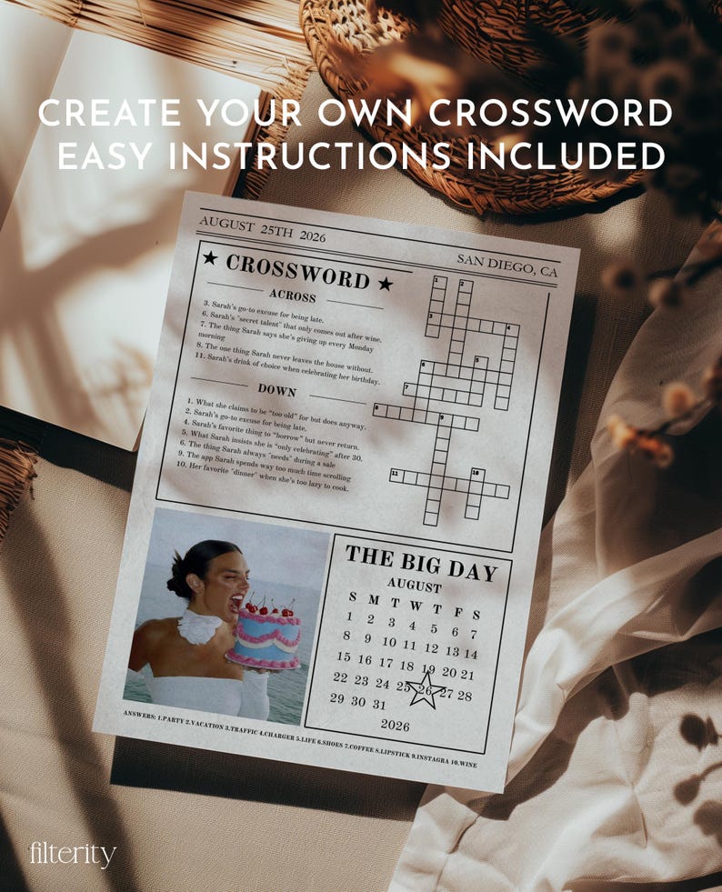 K&ouml;nnte beinhalten: Ein druckbares Kreuzwortr&auml;tsel mit dem Titel "Crossword" und dem Datum "August 25th, 2026". Das Kreuzwortr&auml;tsel ist in einem Zeitungslayout mit einem Kalender f&uuml;r den Monat August 2026 darunter gestaltet. Der Kalender hebt den 25. August hervor.