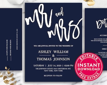 Simple Wedding Invitation Template, Navy Blue Printable Wedding Invitation, Wedding Invitation Template Download, Wedding Invites, Templates