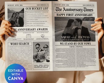 Szablon Canva na gazetę rocznicową, prezent na pierwszą rocznicę dla żony i męża, papierowa gazeta na rocznicę ślubu, spersonalizowana gazeta